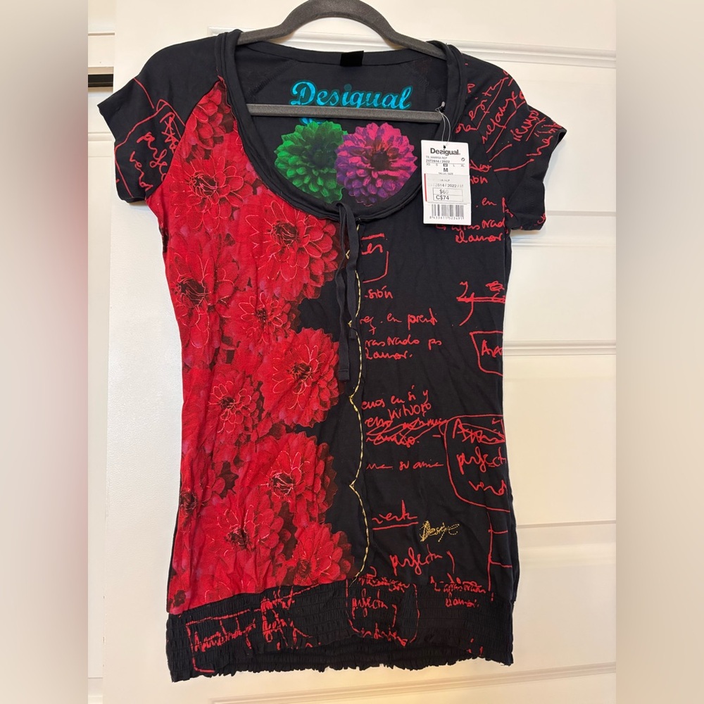 Desigual Red and Black Floral Script Tee